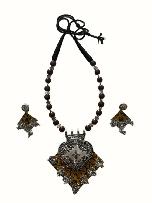 Mustard Print Fabric Diamond Pendant Necklace Set with Floral Silver Charms