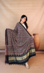 Handmade Black Multicolor Ajrakh Print Dupatta with Golden Lagri Patta Border