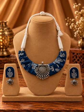 Indigo Fabric Necklace Set with Silver-Tone Pendant