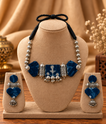 Indigo Blue Ajrakh Fabric Panel Choker Set with Shell Charms