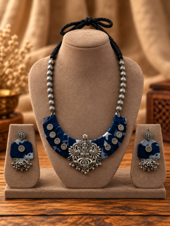 Handmade Navy Blue Batik Ajrakh Crescent Collar Choker Set with Temple Goddess Motif, Silver Coins & Jhumka Earrings