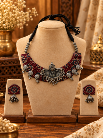 Maroon Ajrakh Ajrakh Fabric Crescent Collar Set with Shell Charms