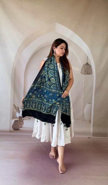 Handmade Indigo Blue Ajrakh Modal Silk Stole with Concentric Mandala Art & Detailed Borders