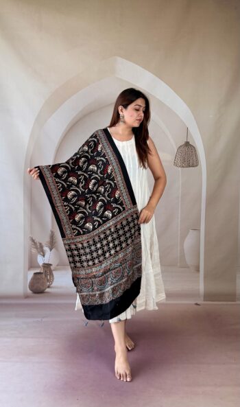 Handmade Black & Maroon Ajrakh Modal Silk Stole with Dense Floral Jaal and Archway Border Motifs
