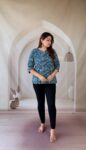 Indigo blue Ajrakh cotton short kurti with floral jaal and notched round neck, front view