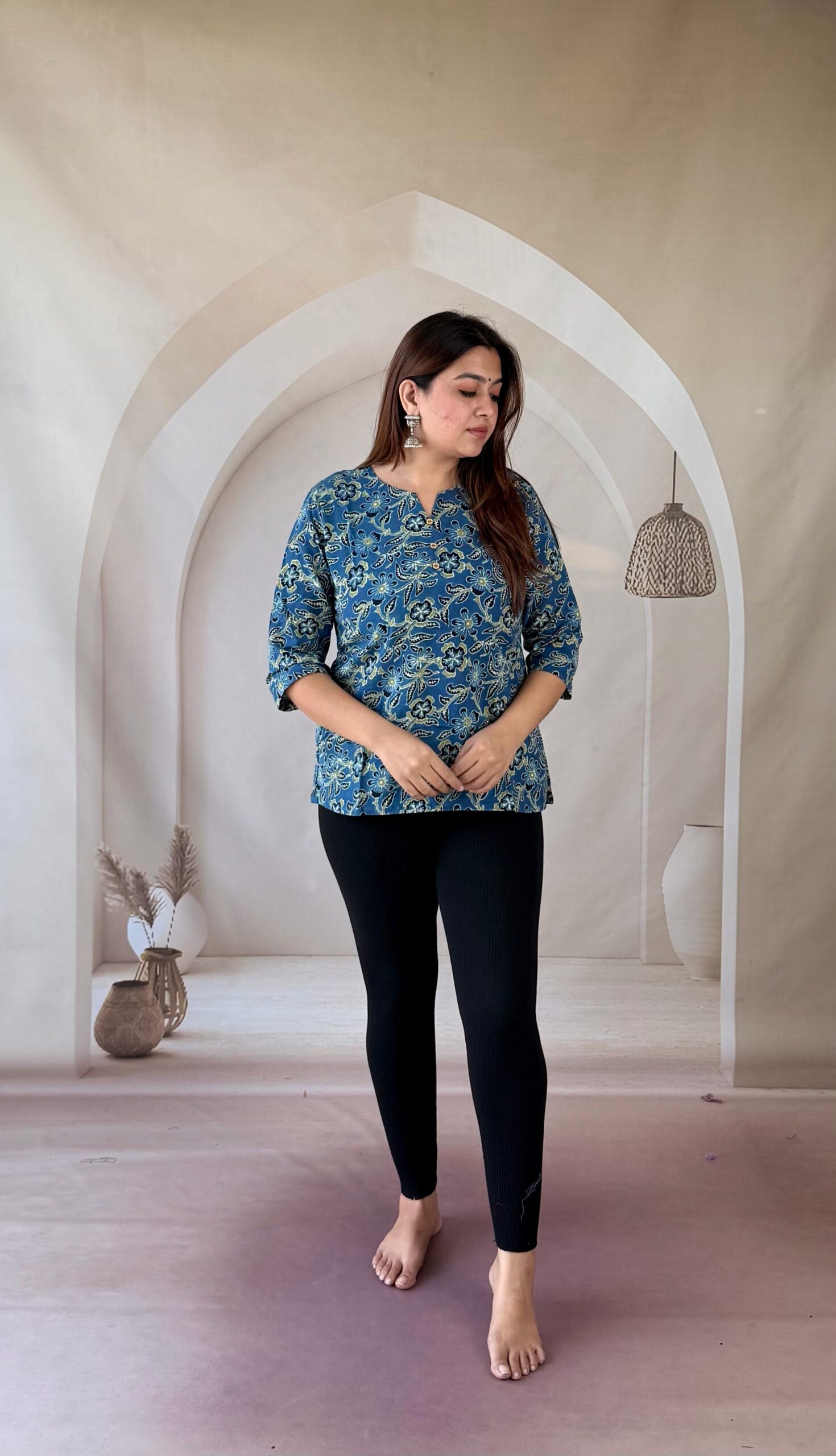 PHOTO-2026-10-12-09-57-53 Indigo blue Ajrakh cotton short kurti with floral jaal and notched round neck, front view