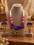 Purple Fabric Necklace Set with Pink Beads & Gold-Tone Bells