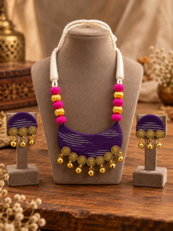 Purple Fabric Necklace Set with Pink Beads & Gold-Tone Bells