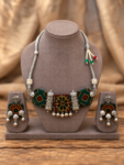 Green Ajrakh Fabric Necklace Set with Silver-Tone Charms