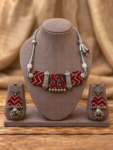 Handcrafted Maroon & Beige Chevron Block Ajrakh Fabric Choker Set with Oxidized Silver Barrel Beads & Jhumka Earrings
