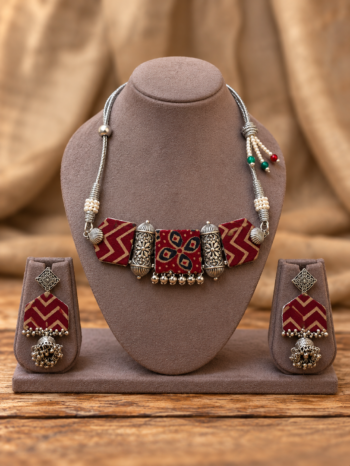 Handcrafted Maroon & Beige Chevron Block Ajrakh Fabric Choker Set with Oxidized Silver Barrel Beads & Jhumka Earrings