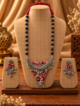 Red Ajrakh Fabric Triangular Pendant Necklace Set with Wooden Beads