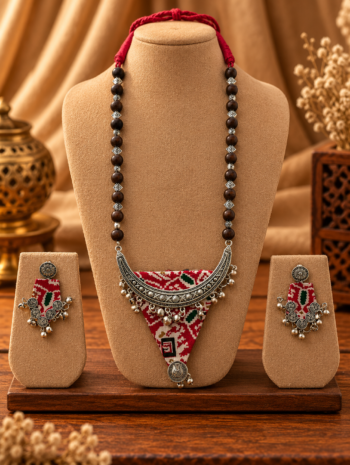 Red Ajrakh Fabric Triangular Pendant Necklace Set with Wooden Beads