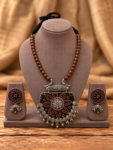 Handmade Brown Beaded Chain Fabric Necklace Set with Kalamkari Mandala Shield Pendant, Coin Fringe & Stud Earrings