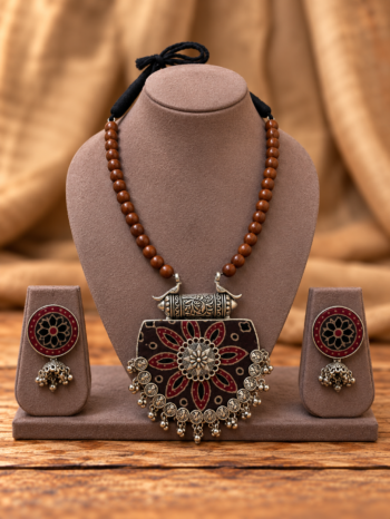 Handmade Brown Beaded Chain Fabric Necklace Set with Kalamkari Mandala Shield Pendant, Coin Fringe & Stud Earrings