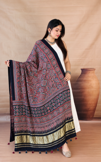 Handmade Black and Red Ajrakh Cotton Dupatta with Traditional Boota Print