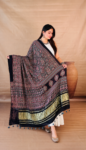 Hand Block Printed Dark Multicolor Ajrakh Dupatta with Golden Lagri Patta