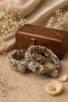 Handcrafted beige Ajrakh fabric bangles with silver bead clusters, set of 2