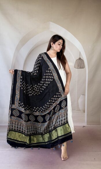 Black Ajrakh modal silk dupatta with buti motifs and diamond medallion zari palla