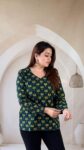 bottle-green-ajrakh-cotton-short-kurti-lotus-buti-1