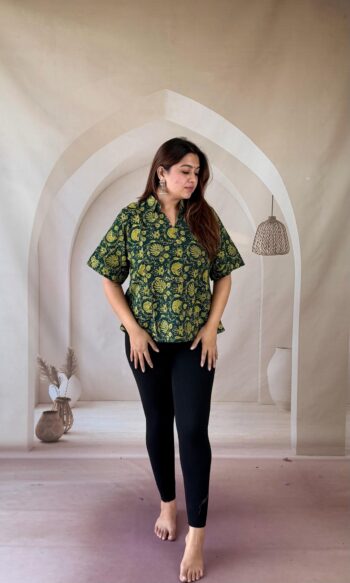 Cream Ajrakh cotton sleeveless shirt kurti with wave stripe and paisley patchwork, full front view