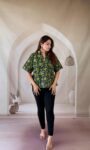Cream Ajrakh cotton sleeveless shirt kurti with wave stripe and paisley patchwork, full front view