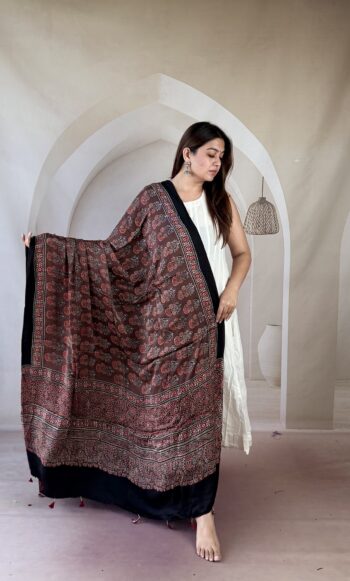 Brown Ajrakh modal silk dupatta with floral bouquet buti and geometric band palla