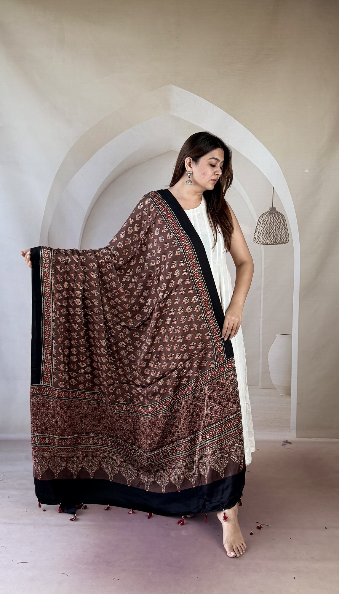 brown-ajrakh-modal silk-dupatta-paisley-buti-1 Brown Ajrakh modal silk dupatta with paisley buti and grand paisley arch palla