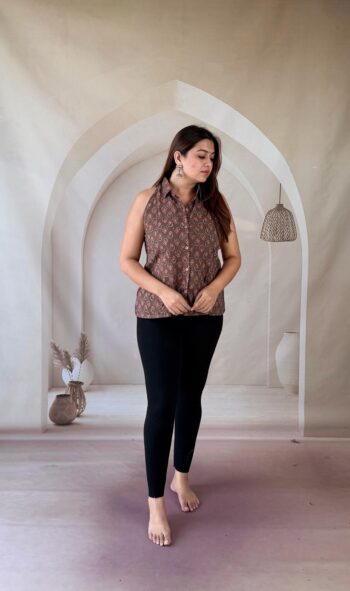 Brown Ajrakh cotton halter neck shirt kurti with red floral buti, full front view