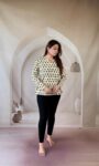 Cream Ajrakh cotton short kurti with indigo paisley buti and full sleeves, full front view