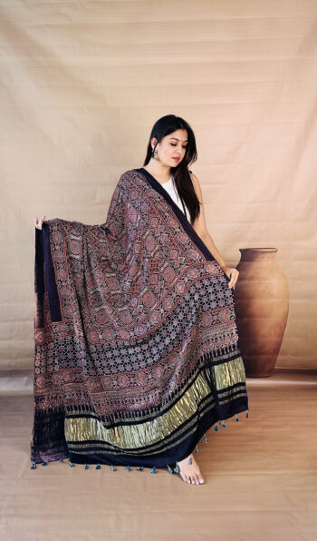 Handmade multicolor Ajrakh print dupatta with striated border outline