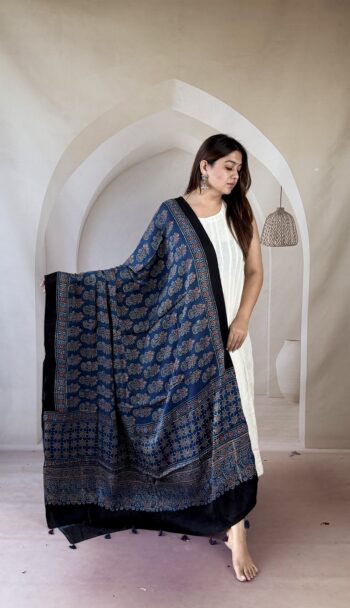 Indigo Ajrakh modal silk dupatta with floral buti jaal and geometric palla