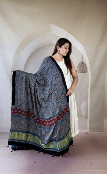 Indigo Ajrakh modal silk dupatta with ornate medallion jaal and red chevron zari palla
