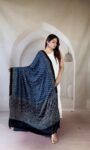 Indigo Ajrakh modal silk dupatta with mini buti and rust diamond trellis palla