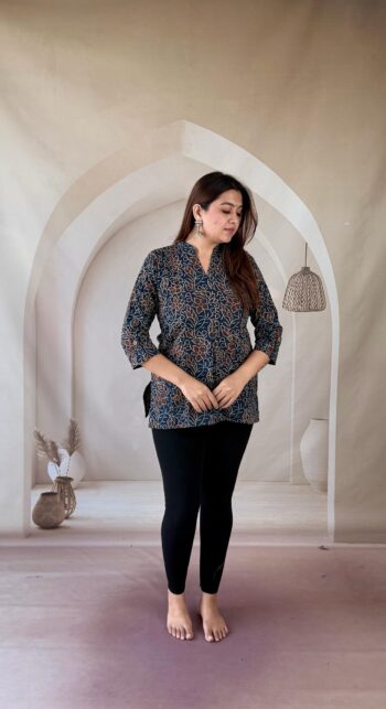 Indigo Ajrakh cotton short kurti with maroon floral creeper and mandarin collar, full front view