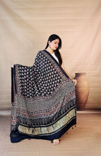 Handmade Indigo Blue Floral & Geometric Ajrakh Dupatta with Tassels