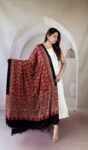Red Ajrakh modal silk dupatta with floral bouquet buti and paisley arch palla
