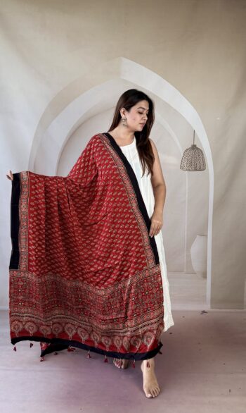 Red Ajrakh modal silk dupatta with leaf buti and rosette paisley palla
