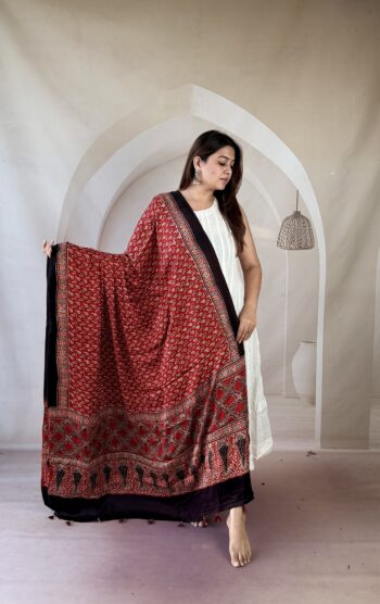 Red Ajrakh modal silk dupatta with mini paisley buti and diamond trellis palla