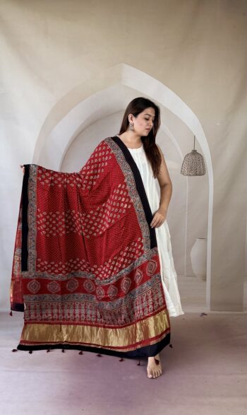 Red and black Ajrakh modal silk dupatta with buti motifs and zari medallion palla