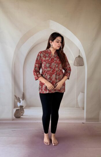 Red Ajrakh cotton short kurti with grey floral creeper and mandarin collar, full front view